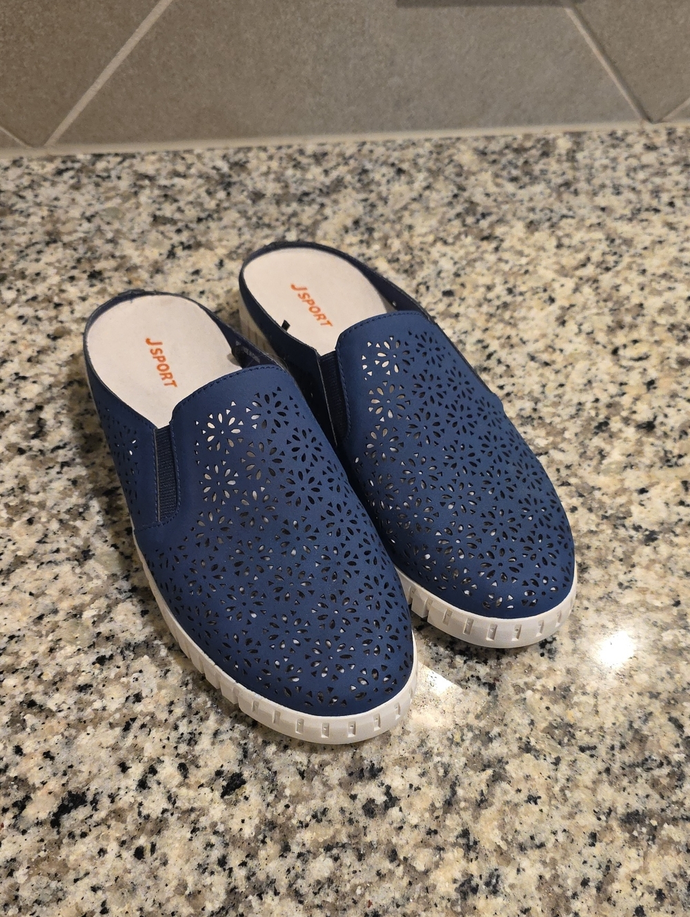 NWOT J/SPORT Navy Laser-Cut Mule Clogs for Women